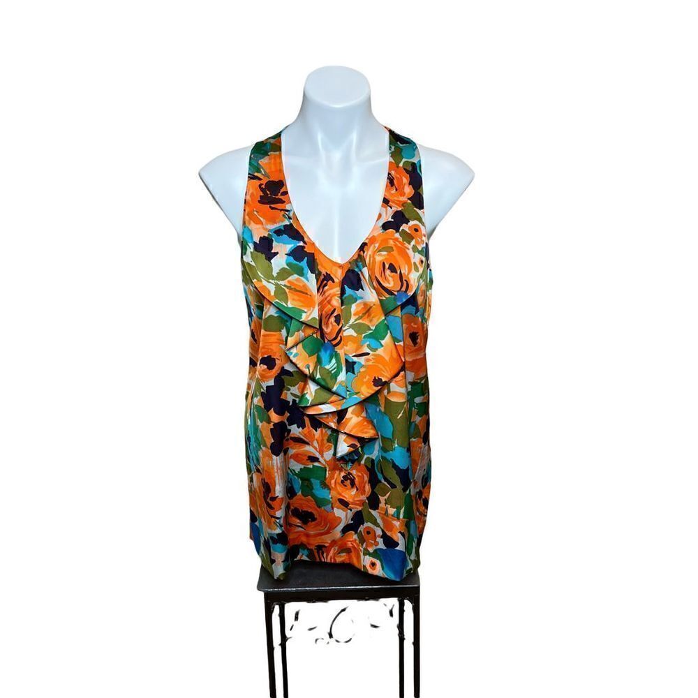 Gianni Bini orange and blue floral sleeveless ruffle neck top size M
